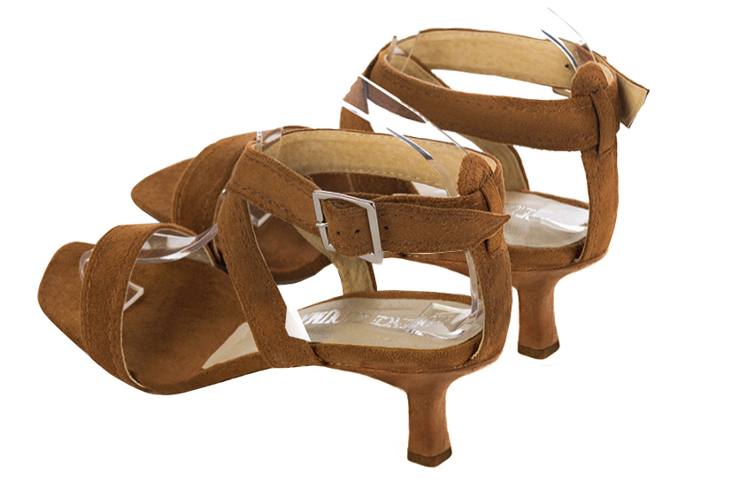 Caramel brown women's fully open sandals, with crossed straps. Square toe. Medium spool heels. Rear view - Florence KOOIJMAN